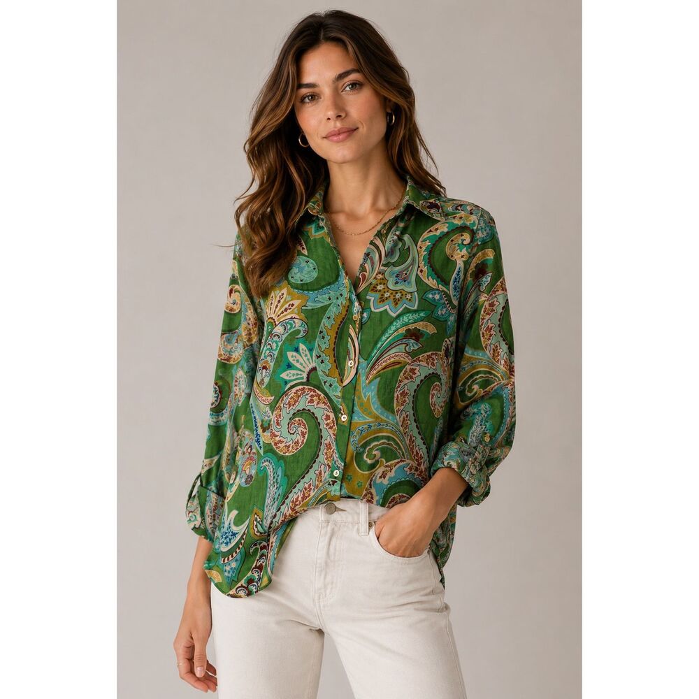 Zara Paisley Satin Blouse XS Green Boho Button Up Shirt Women